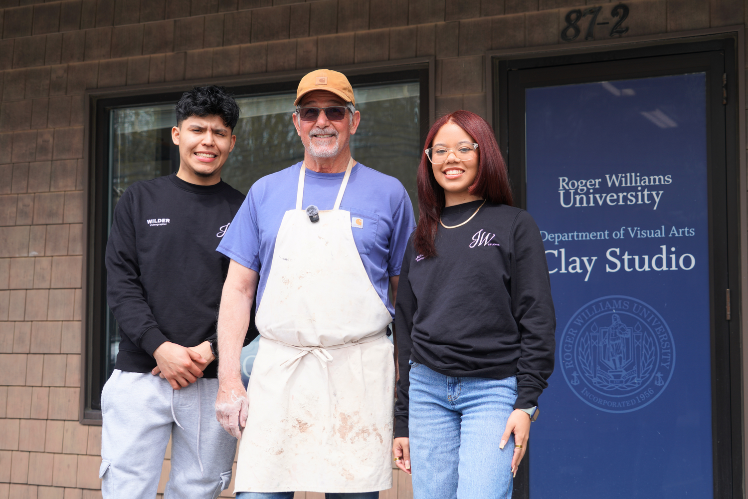 From left, Wilder, Denis Leonti, and Juliet Garcia-Baez stand outside the clay studio on Gooding Avenue in Bristol.