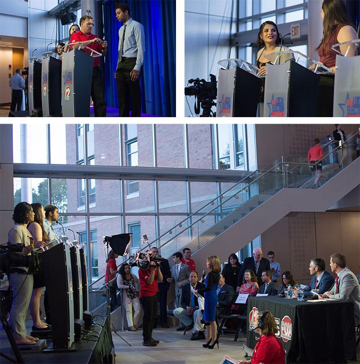 Three images of students at podium