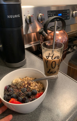 Yogurt bowl and latte.