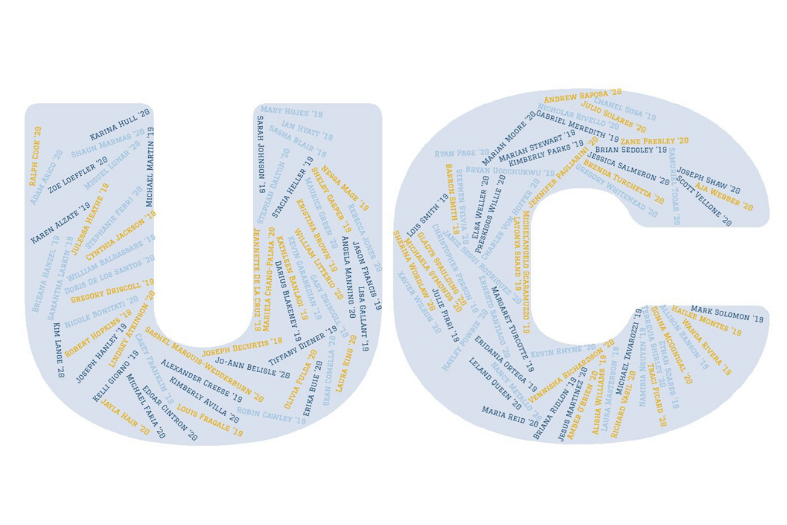 UC graphic with names of graduates inside letters. 