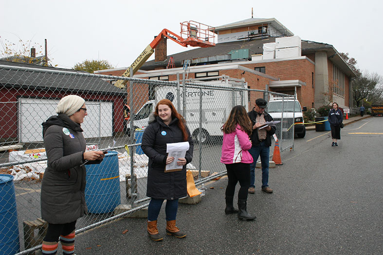 Students conduct voter exit polls on Election Day.