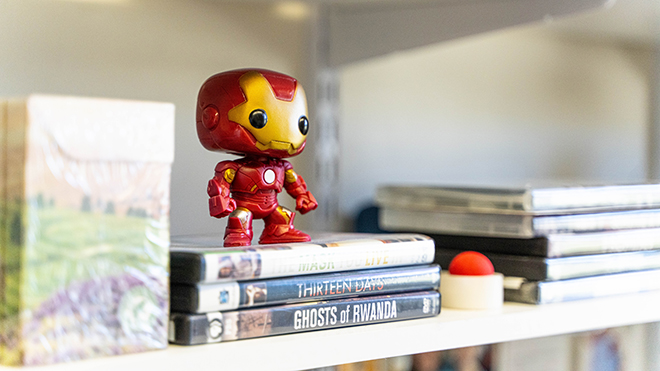 An Iron Man figurine sits on Annika Hagley's desk. 