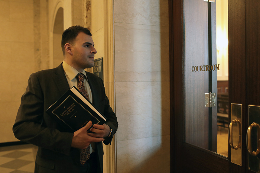 A Law student entering a courtroom