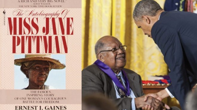 A rendering of the book cover and author Ernest Gaines receiving congratulations from President Obama.