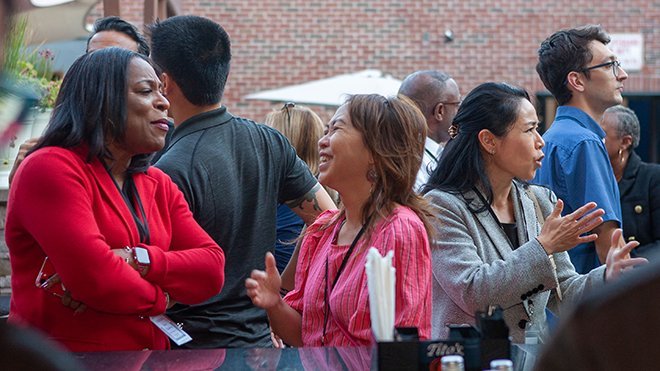 People gathered outside the Providence Marriott hotel for a celebration