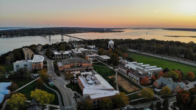 Sun setting on a fall afternoon in Bristol at Roger Williams University