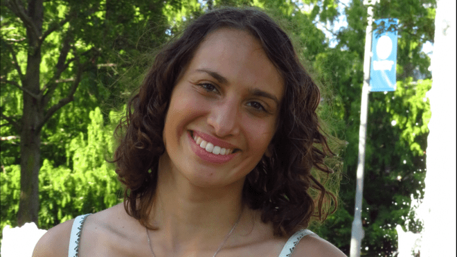 Sophia Thomas smiling at Roger Williams University