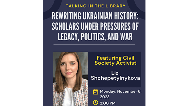 Talking in the library poster featuring Liz Shchepetylnykova