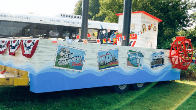 A float made to look like a steamboat.
