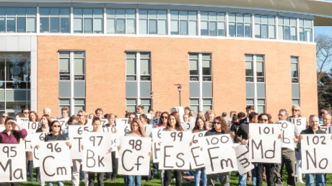 A group of people holding signs for the periodic table of elements.