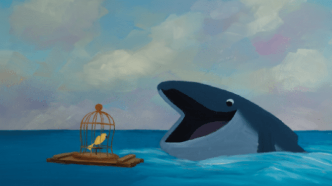 Painting of bird in cage and whale on the surface of the ocean.