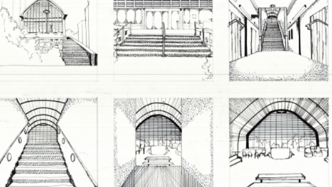 Student sketches of building entryways.