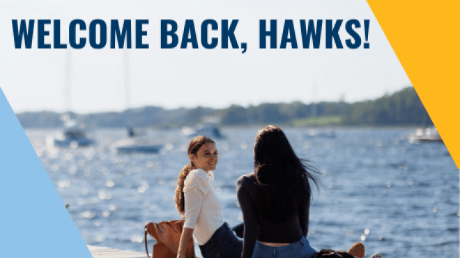 Students sitting on dock. Text reads Welcome Back Hawks.