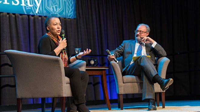 Beverly Daniel Tatum and Andrew Workman in conversation during the presentation.