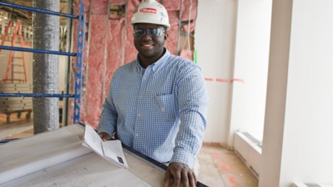 Student working inside construction site