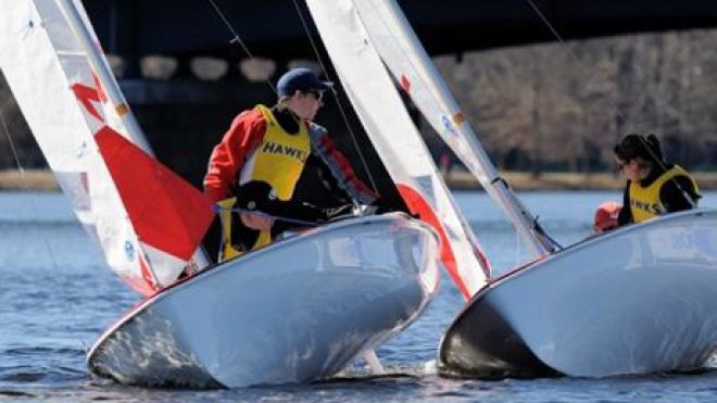 Sailors race alongside each other.