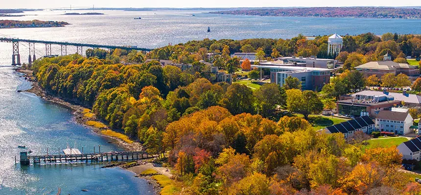 Aerial view of RWU Bristol campus on Mount Hope Bay