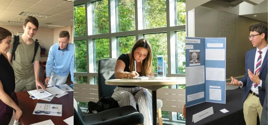 Three different photos of students writing and presenting