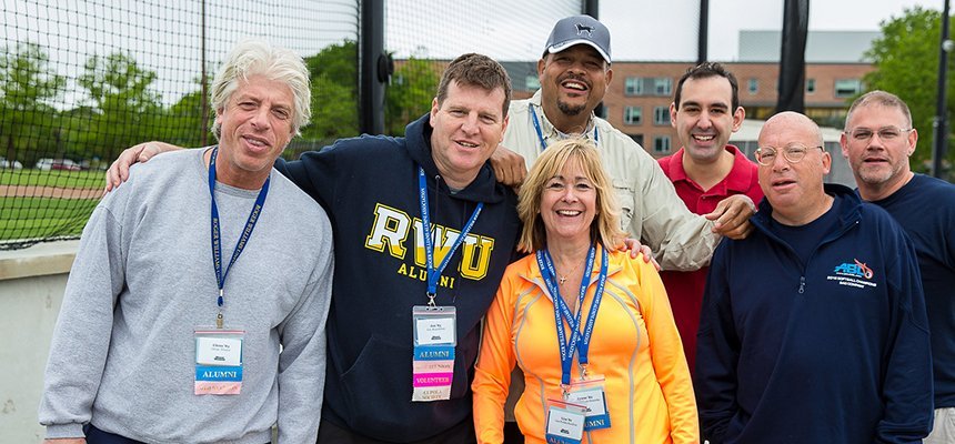 RWU alums coming together on campus in athletic gear