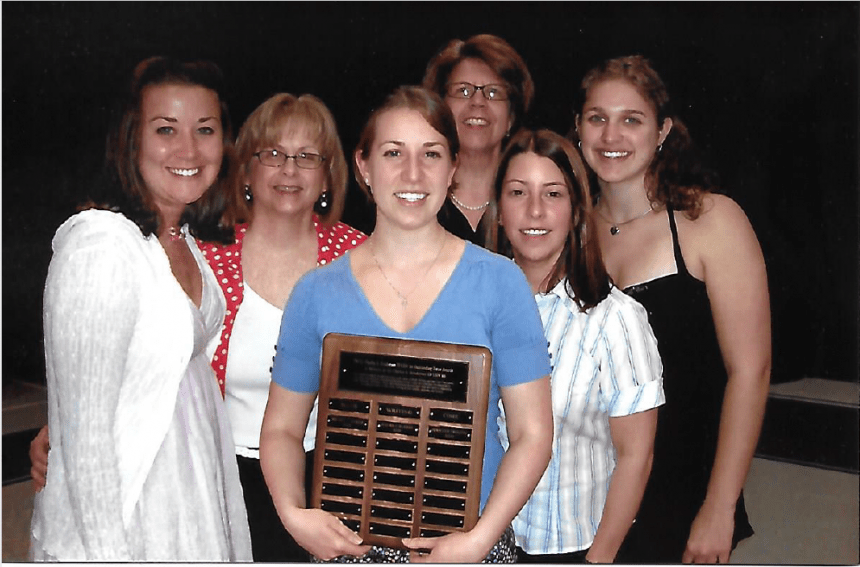 From left: 2008 Henderson Outstanding Tutor Award recipients Laura J. McAbee in writing, (Coordinator of Writing Center Karen Bilotti), Jennifer Froling in science, (Director of CAD Laura Choiniere), (Coordinator of Science Center Jennifer Alexander), and Nicole E. Baker in math. 