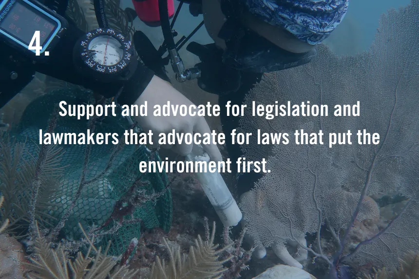 Text on slide reads "Support and advocate for legislation and lawmakers that advocate for laws that put the environment first." 