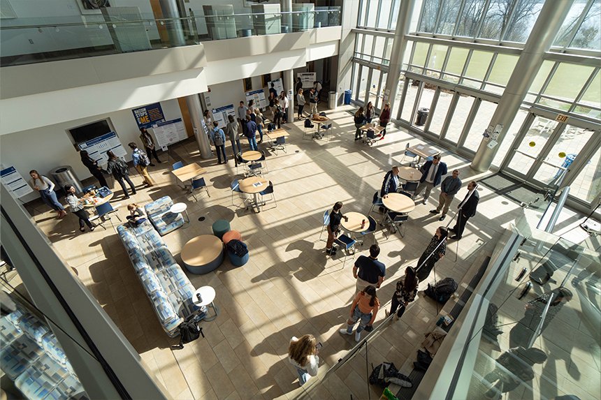 An aerial shot of the SASH poster presentations in GHH 