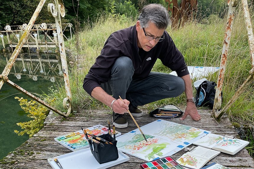 Michael Rich painting at the Chateau Orquevaux in France. 