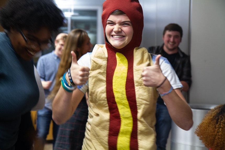 Performer gives thumbs up. 