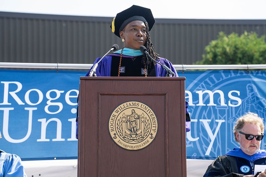 Stephanie Akunvabey addresses students during Convocation. 