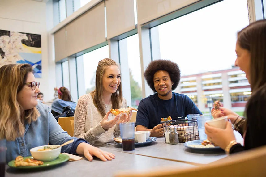 image of students in the Upper Commons cafeteria. Niche recently ranked RWU No. 1 for best college food in Rhode Island and 23rd nationally.